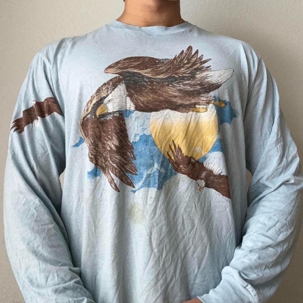 Vintage 1990s Nature Eagle Wildlife AOP Graphic Light Blue Men's Shirt